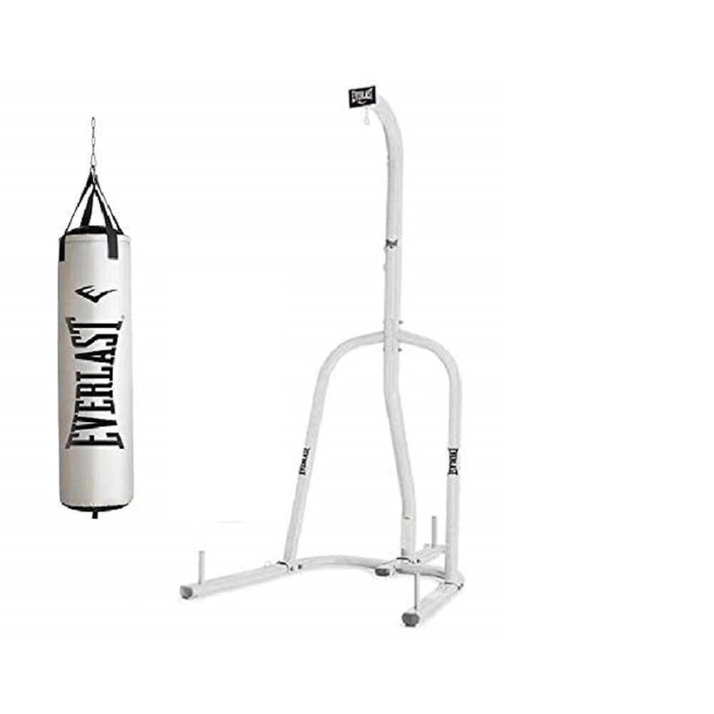 Everlast heavy bag kit on a stand with gloves and wraps, set up for beginner boxing training at home.