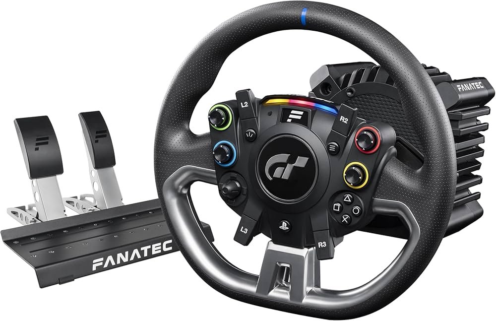 Fanatec CSL DD direct drive wheel base with a PC wheel rim and pedals on a sim racing stand.