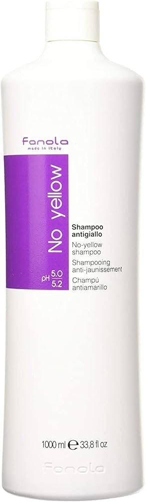 Fanola No Yellow purple shampoo bottle used as the best toner for brassy hair to cancel yellow tones in blonde hair.