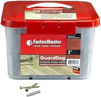 FastenMaster GuardDog exterior deck screws with star drive for deck boards, railings, and outdoor framing.