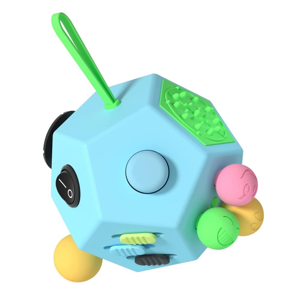 Fidget dodecagon toy showing multiple buttons and switches, adult fidget for mixed tactile actions.