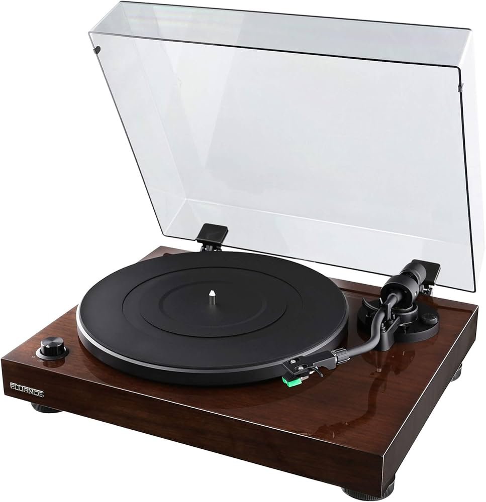 Fluance RT81 wood-finish record player with a record spinning, shown as a beginner-friendly mid-price turntable.