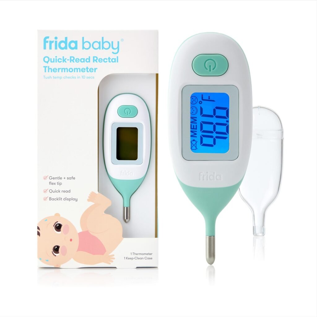 FridaBaby digital rectal thermometer for newborn fever check, baby-safe short tip and clear display.