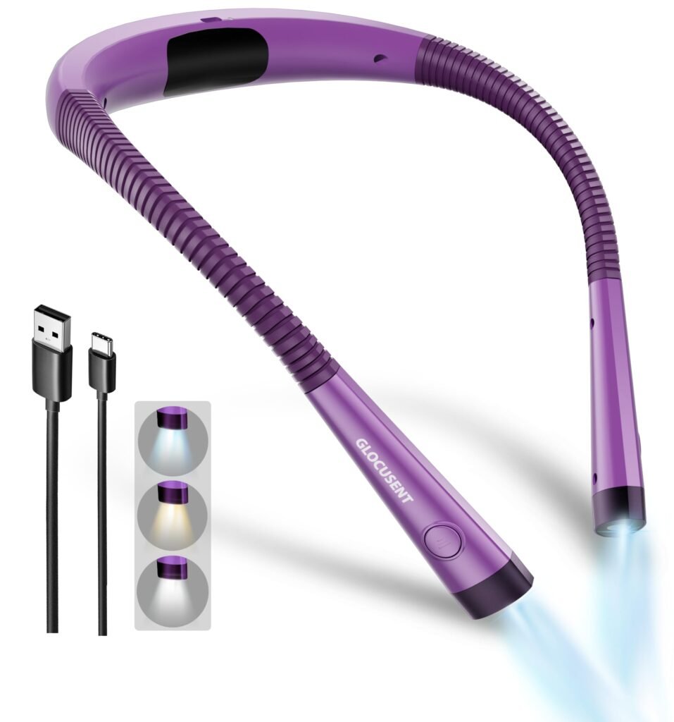 Neck reading light for reading in bed with two adjustable beams and hands-free comfort for nighttime pages.