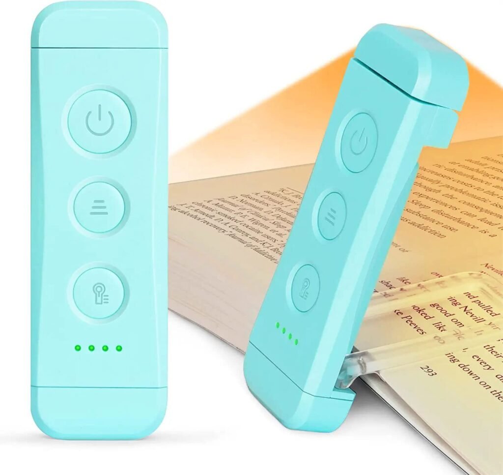 Clip-on book light for reading in bed with adjustable brightness and three light tones for paperbacks and e-readers.
