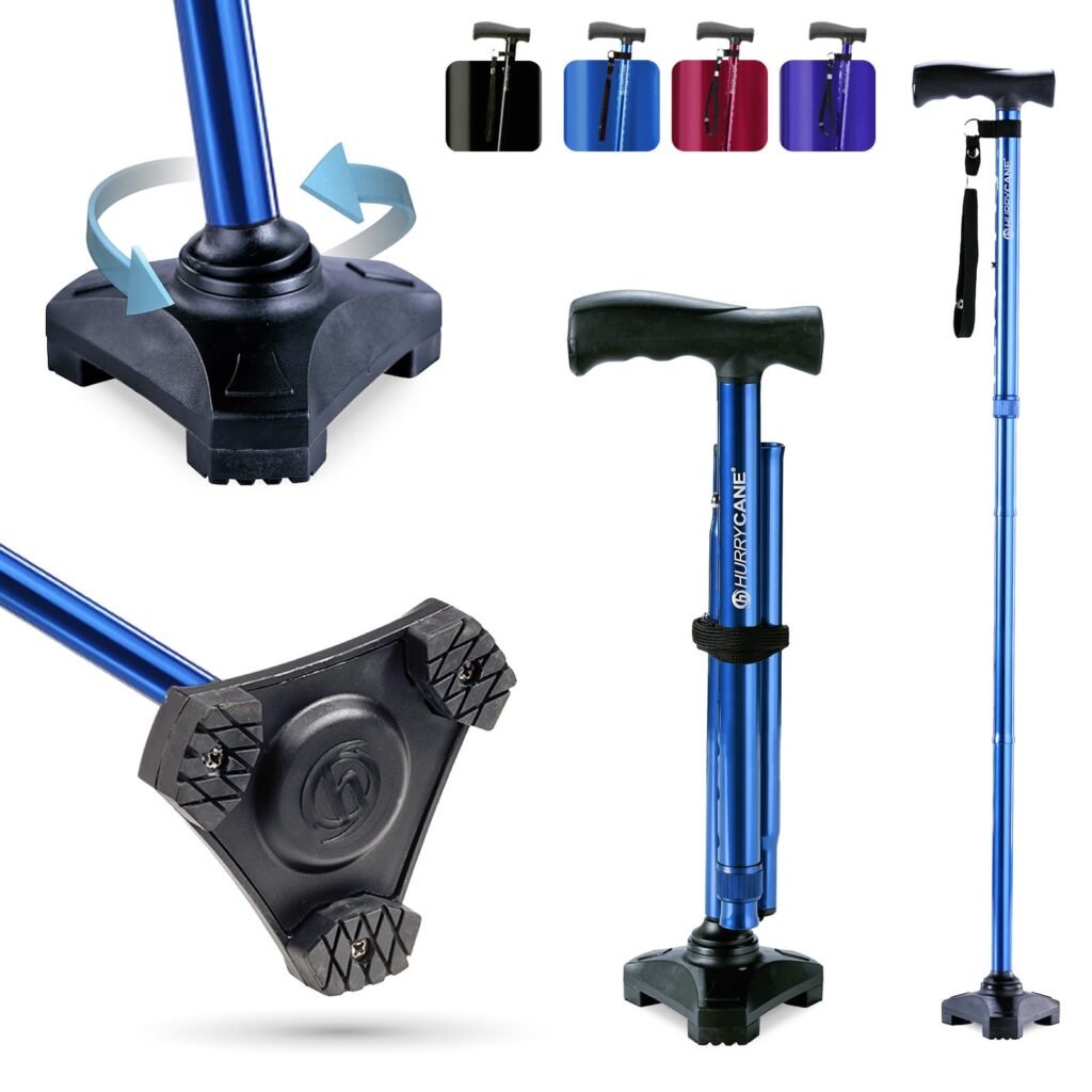 HurryCane Freedom Edition folding walking cane for balance with a pivoting base tip and standing design.