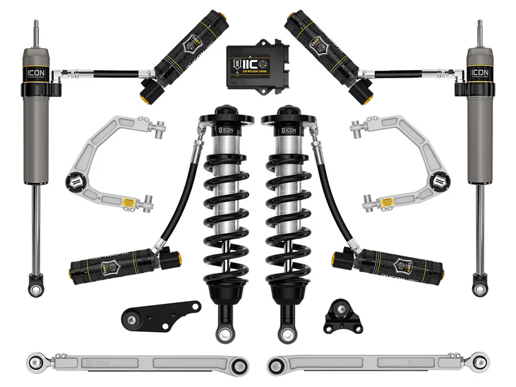 ICON Stage 10 suspension lift system on a Toyota Tacoma with lifted stance, upper control arms, and off-road suspension parts.