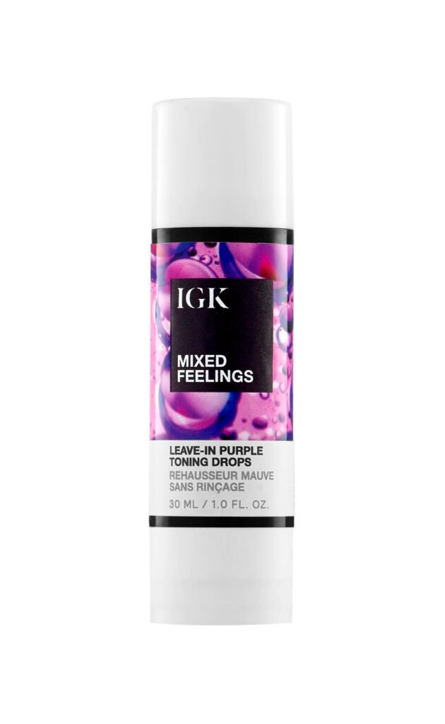 IGK Mixed Feelings purple toning drops mixed into conditioner to customize toning strength for brassy blonde hair.