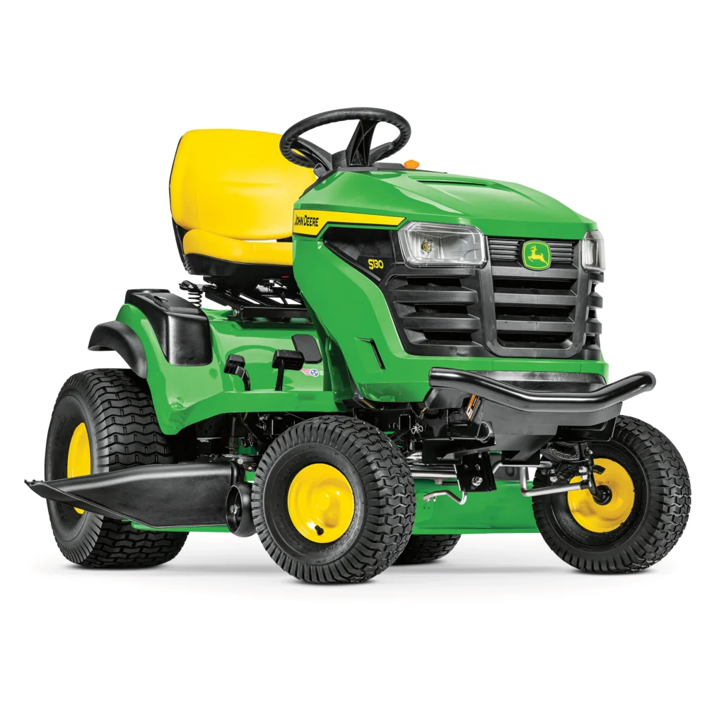 John Deere S130 42-inch riding lawn mower cutting grass on a 1-acre yard.