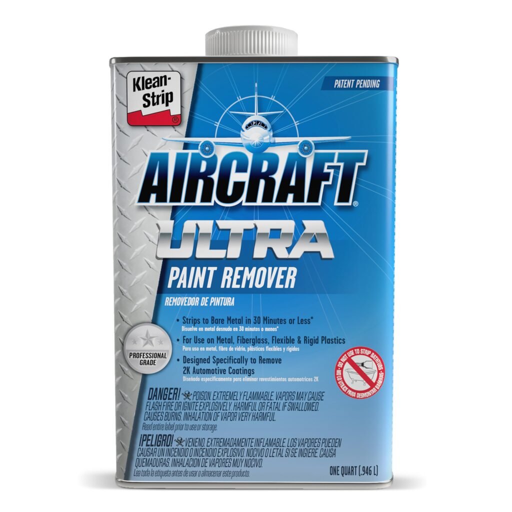Klean-Strip Aircraft Ultra paint remover can on a metal panel with lifting paint for a “best paint stripper for metal” project.
