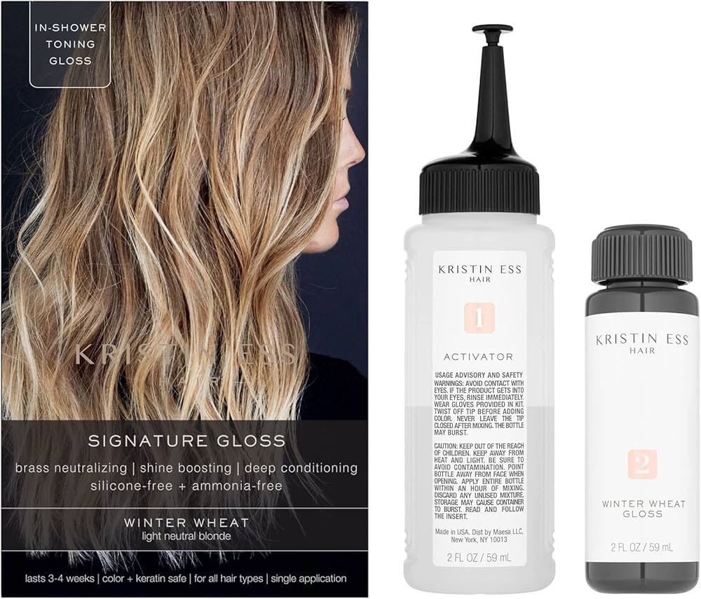 Kristin Ess hair gloss bottle for silver or gray hair, used as a best toner for white hair to cut yellow tones.