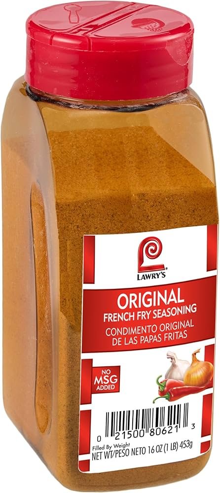 Lawry’s Fry Seasoning bottle beside crispy fries, showcasing the top seasoning for fries in 2026.