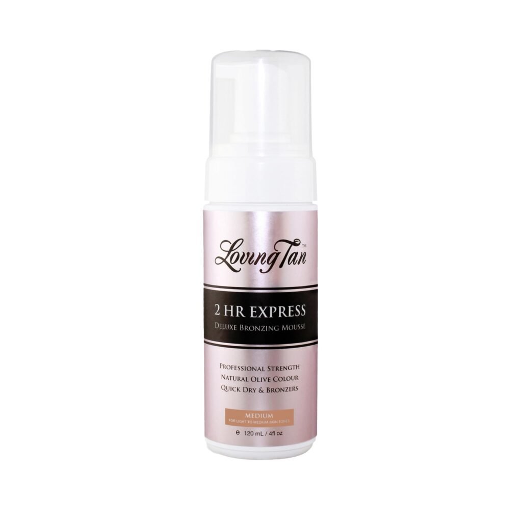 Loving Tan express mousse bottle and mitt, shown for a quick-developing tan that beginners can control by rinse time.