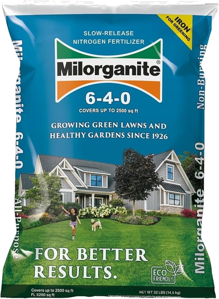 Milorganite 6-4-0 slow-release granular fertilizer bag used as a spring lawn fertilizer in 2026.