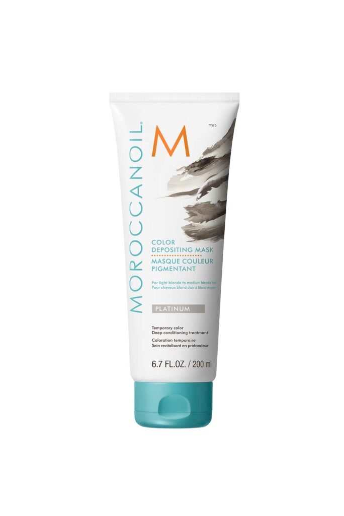 Moroccanoil Color Depositing Mask jar used as a best toner for brassy hair to refresh platinum blonde and reduce yellow tones.