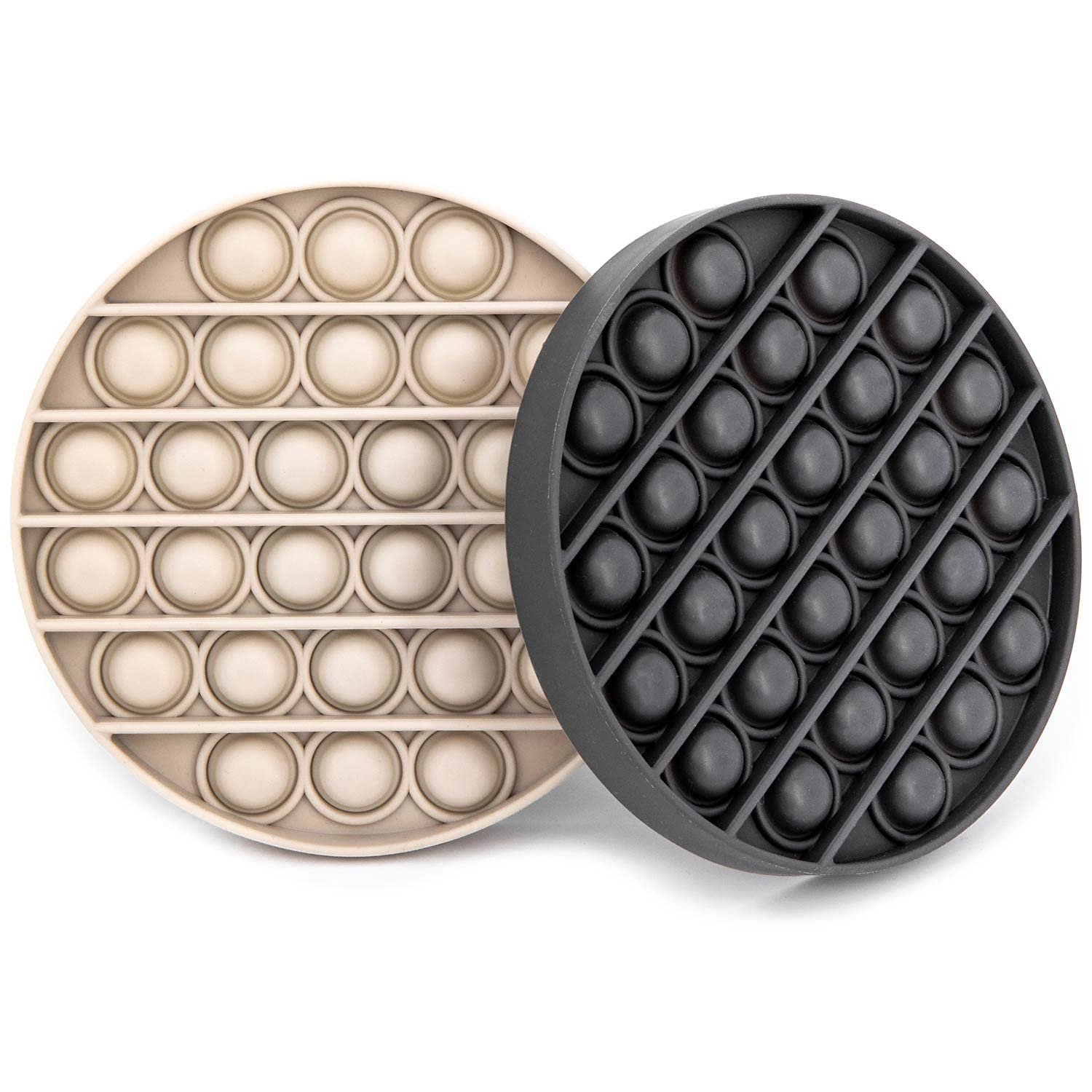 Neutral Pop It fidget toy with soft silicone bubbles being pressed by an adult hand.