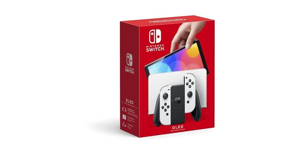 Nintendo Switch OLED in handheld mode showing a kid-friendly game, with bright screen and detachable Joy-Con controllers.