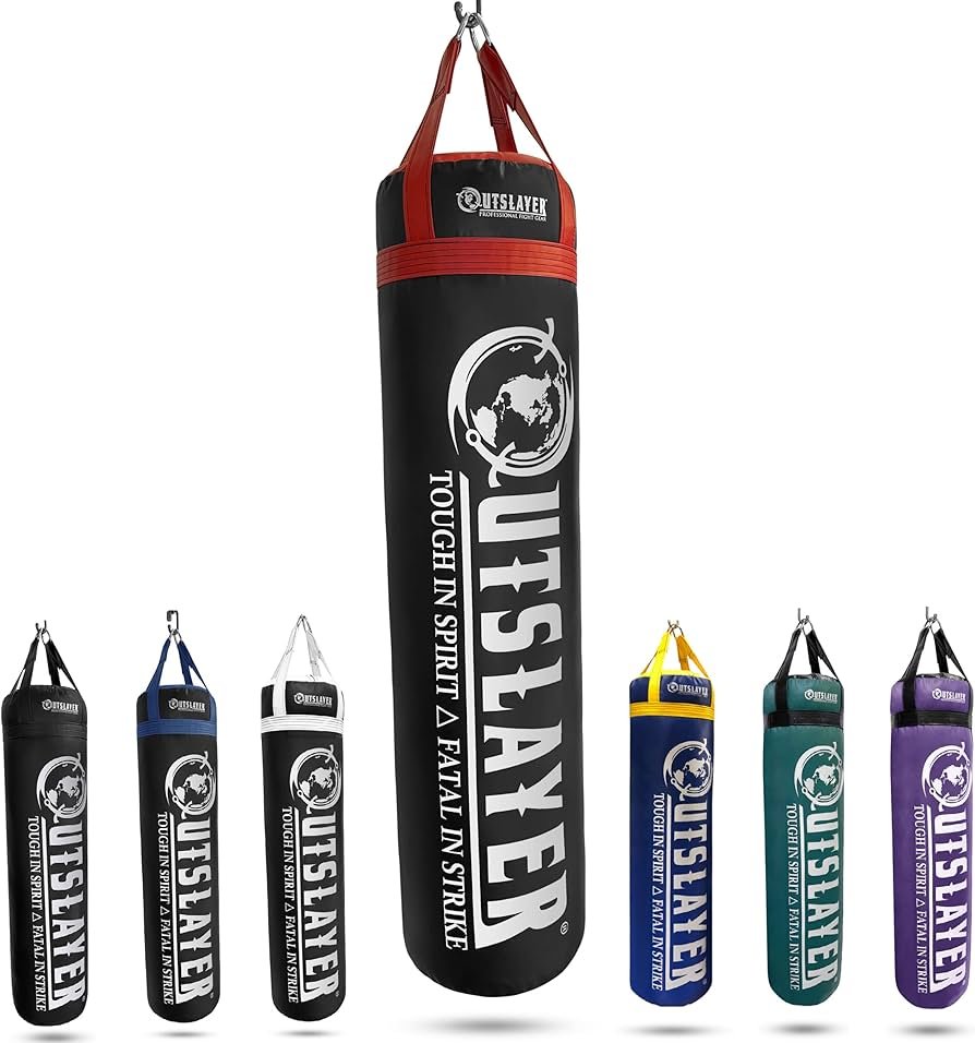 Outslayer hanging heavy bag with strong straps, shown in a garage gym for boxing combinations and conditioning.