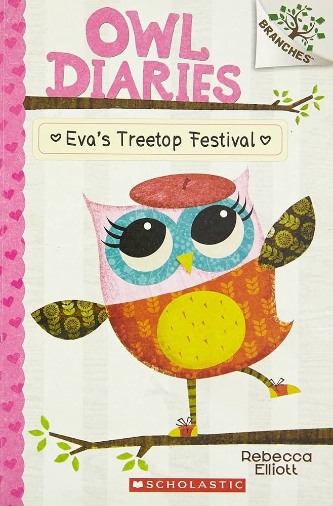A young owl writing in a diary surrounded by colorful forest characters.