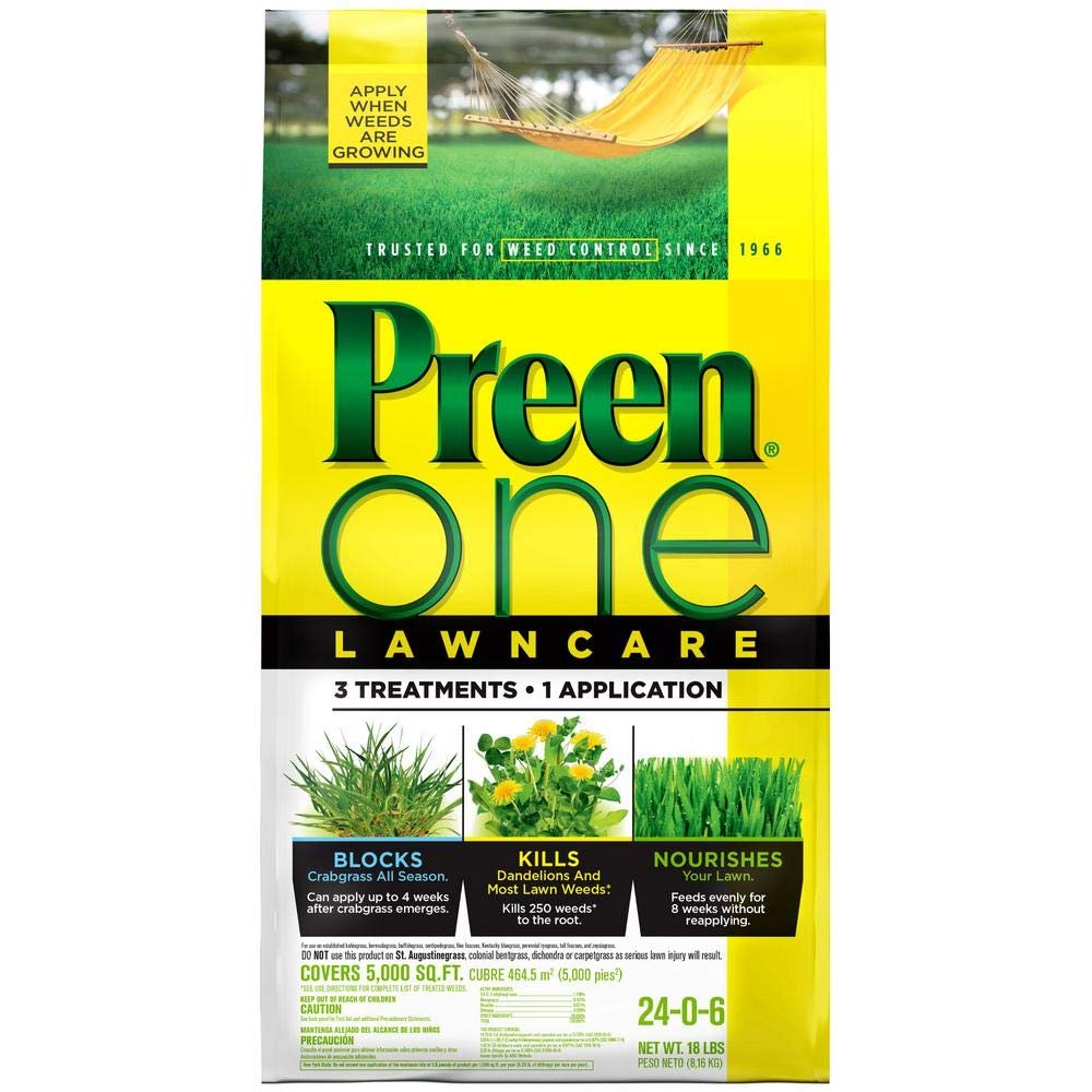 Preen One LawnCare weed and feed granules for Bermuda grass and crabgrass control.