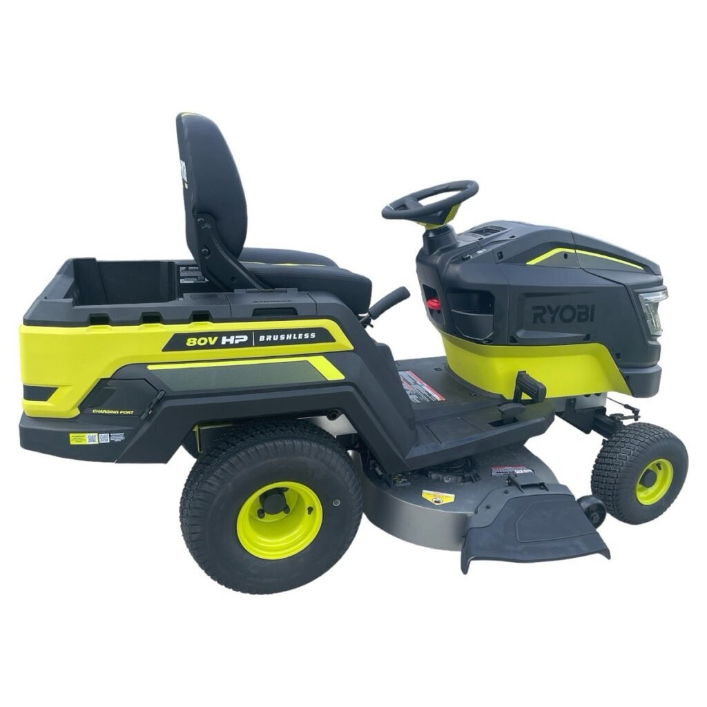 RYOBI 80V 42-inch electric riding lawn mower parked beside a 1-acre yard.