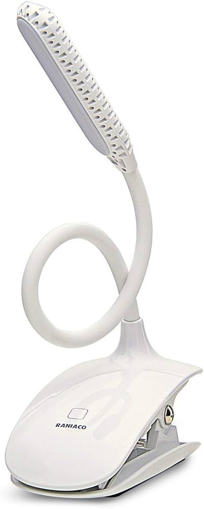 Wide-beam 16 LED clip book light for reading in bed with a flexible neck and three brightness settings for full-page coverage.