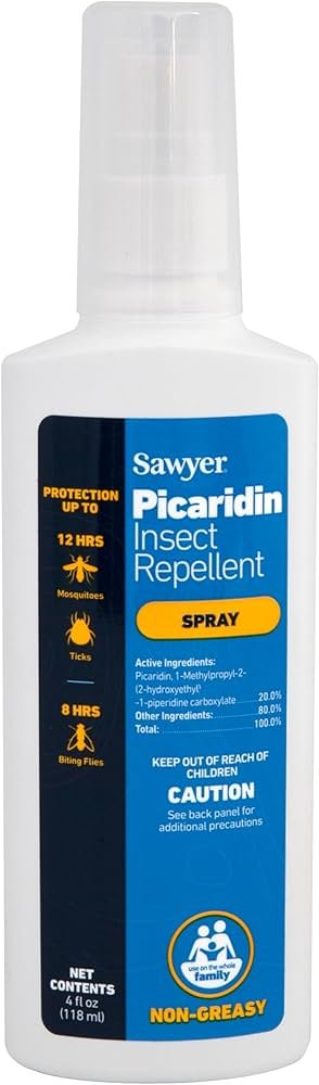 Sawyer 20% picaridin tick repellent spray bottle for human skin protection during hiking and camping.