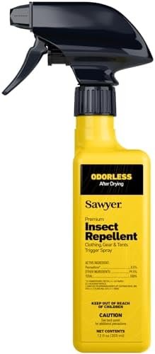 Sawyer permethrin clothing treatment spray for ticks, used on human outdoor clothes and hiking gear.
