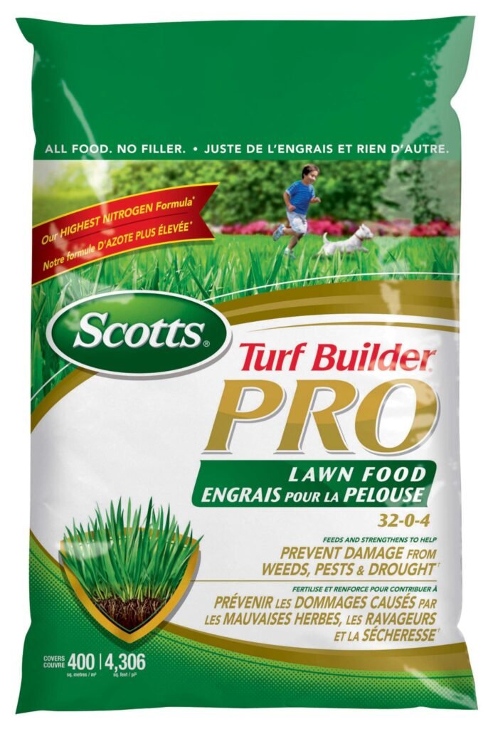 Scotts Turf Builder Lawn Food 32-0-4 granular fertilizer bag for spring lawn green-up.