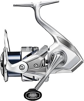 Shimano Stradic FM spinning reel for bass, close-up view of the reel body and spool.