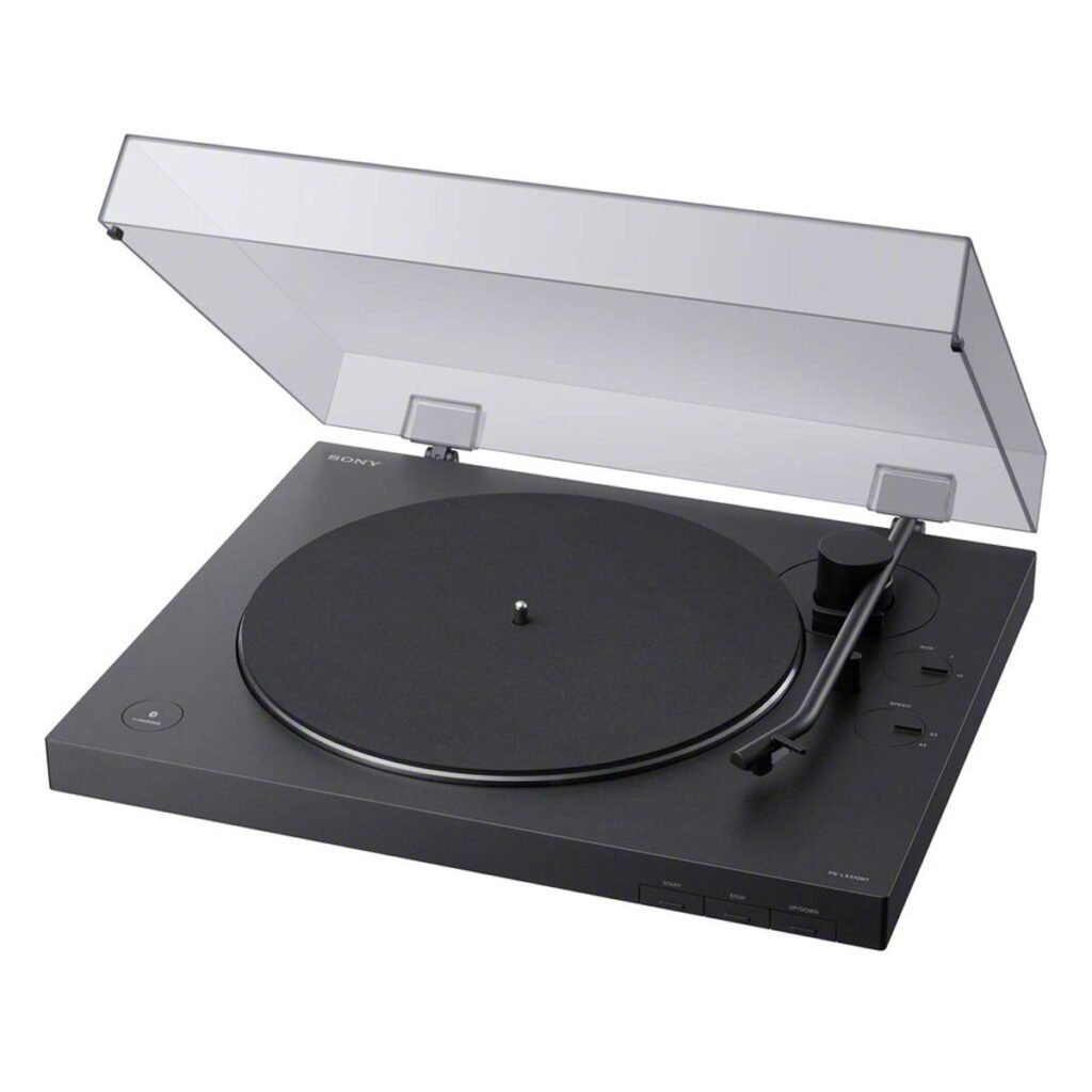 Sony PS-LX310BT record player with a vinyl record playing and a clean modern look, focused on beginner use.