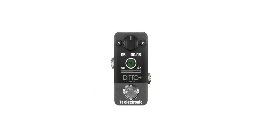 TC Electronic Ditto+ looper pedal with a small screen, designed for simple guitar looping and quick loop saving.