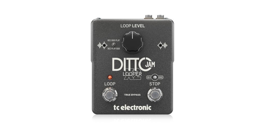TC Electronic Ditto X2 looper pedal with two footswitches, used for guitar looping with a dedicated stop control.