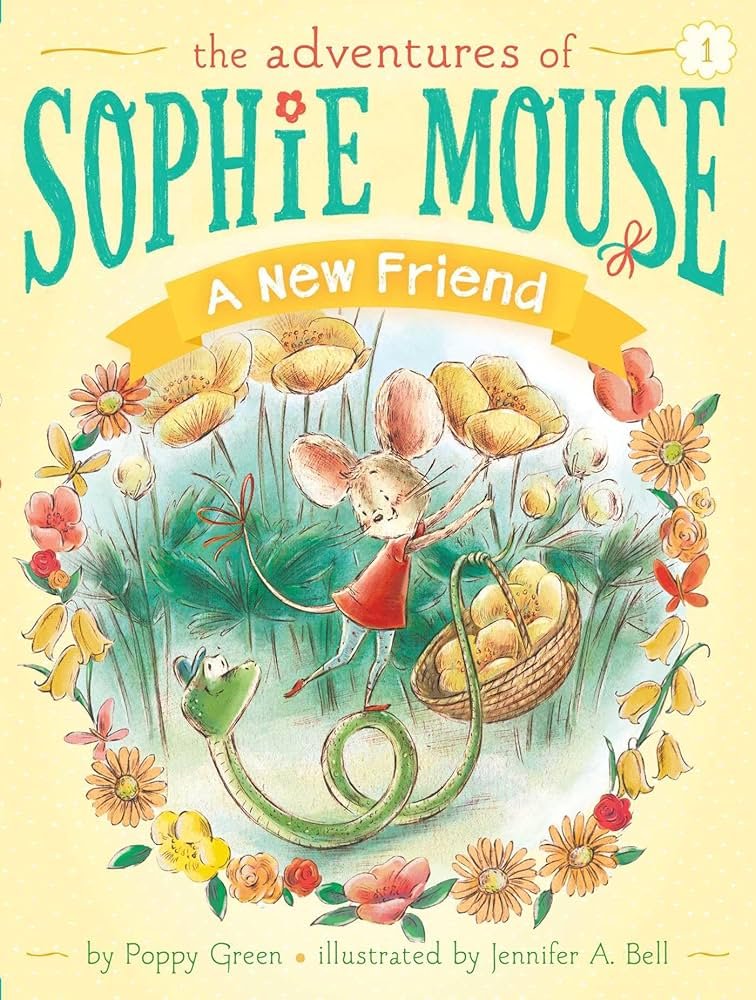 Sophie Mouse and her animal friends are illustrated in a cozy village setting.