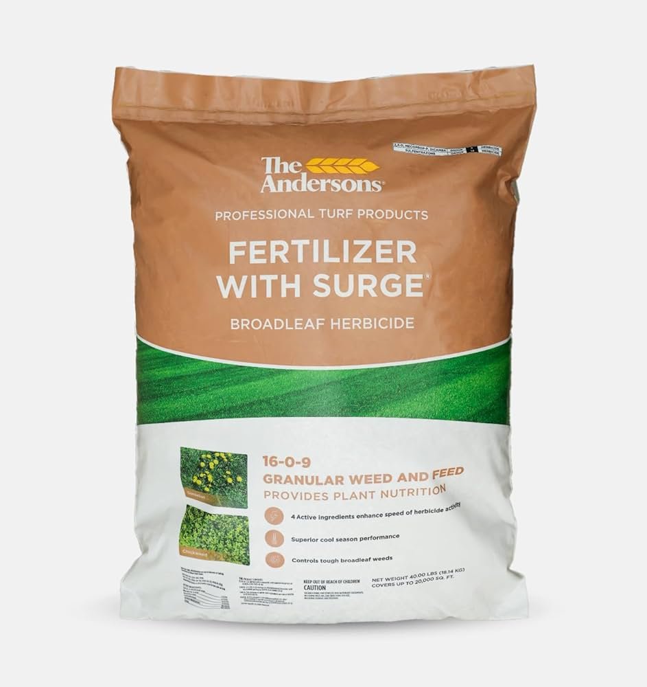 The Andersons Professional Surge weed and feed granular bag used on Bermuda grass lawns.