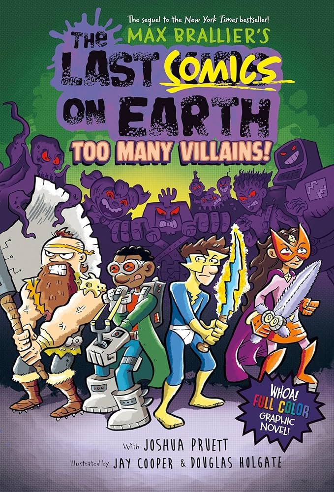Kids action graphic novel cover with a team of young heroes facing villains in a colorful comic layout.