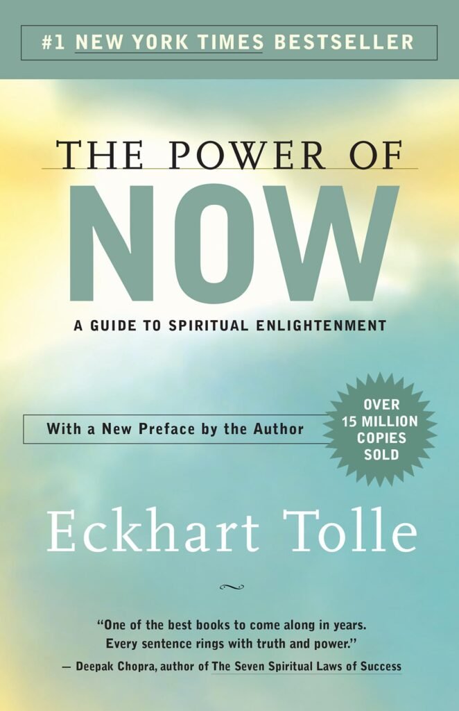 “The Power of Now” book cover with a calm background, representing the best self-help books for men for stress and focus.