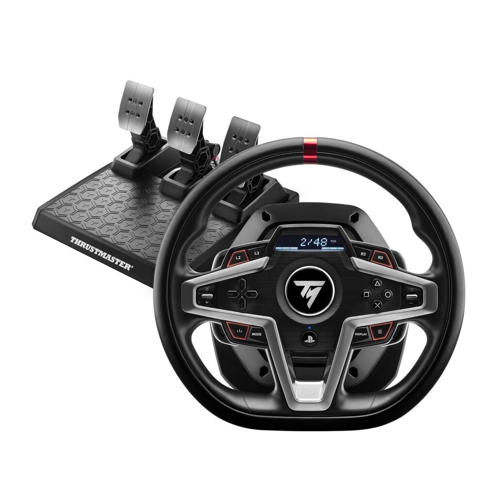Thrustmaster T248 PC racing wheel with paddle shifters and a 3-pedal set in a home gaming setup.