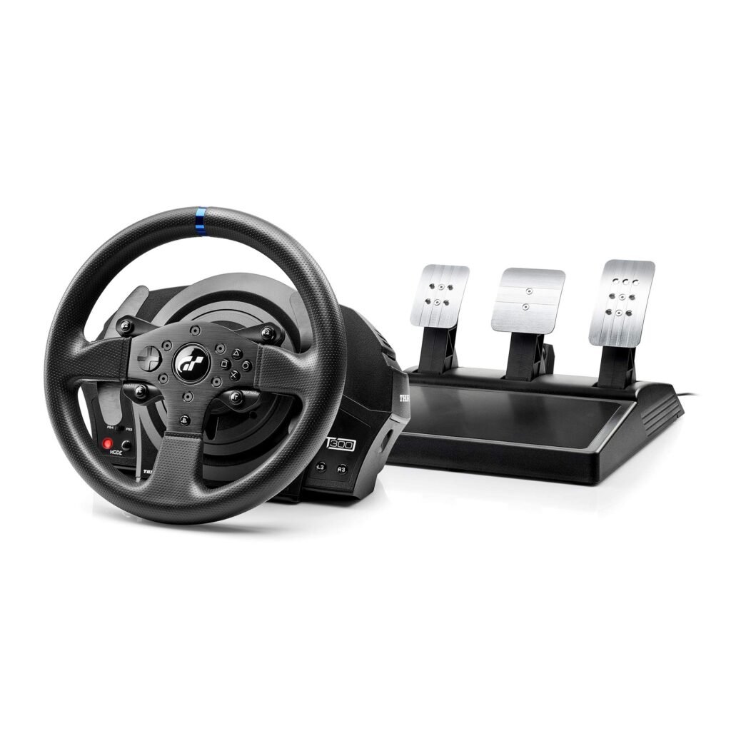 Thrustmaster T300 RS GT steering wheel and pedal set set up for PC sim racing at a desk.