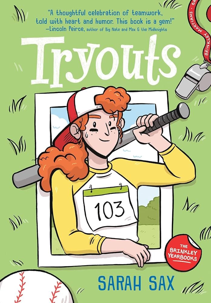 Tryouts graphic novel cover showing a kid in a baseball uniform on a field in a youth sports comic style.