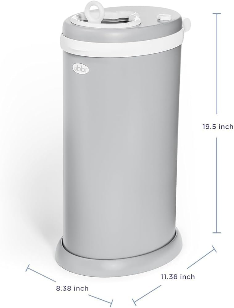 Ubbi steel diaper pail with a tight-closing lid and sleek metal body in a nursery, showing a design that works with regular trash bags.