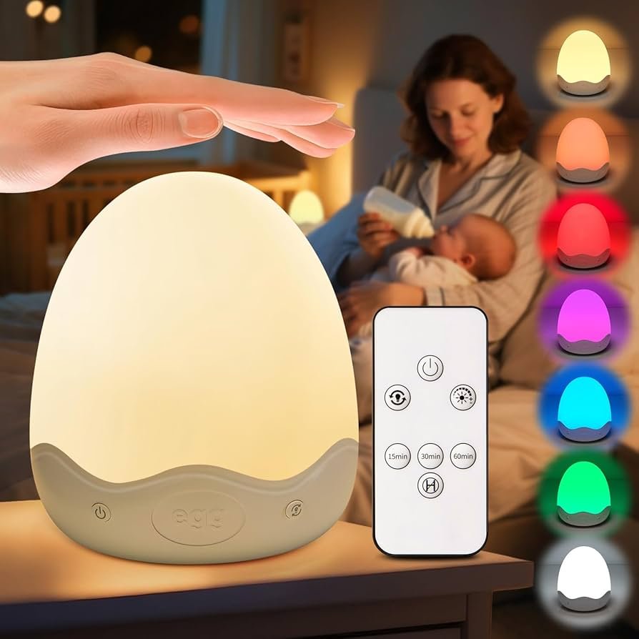 Egg-shaped rechargeable kids night light with soft dim colors for sleeping and late-night comfort.