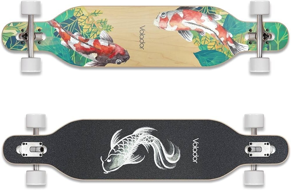Volador 42-inch drop-through longboard for beginners with a wide deck and soft wheels for smooth cruising.