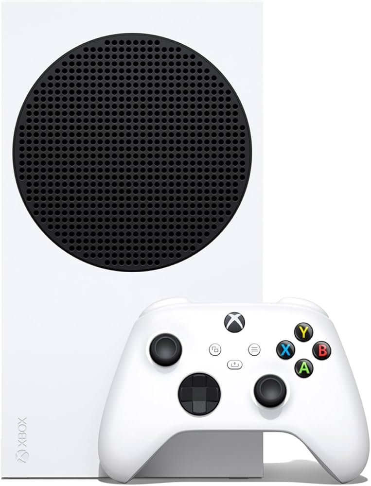 Xbox Series S compact white console placed near a family TV, shown as a budget-friendly choice for home gaming.