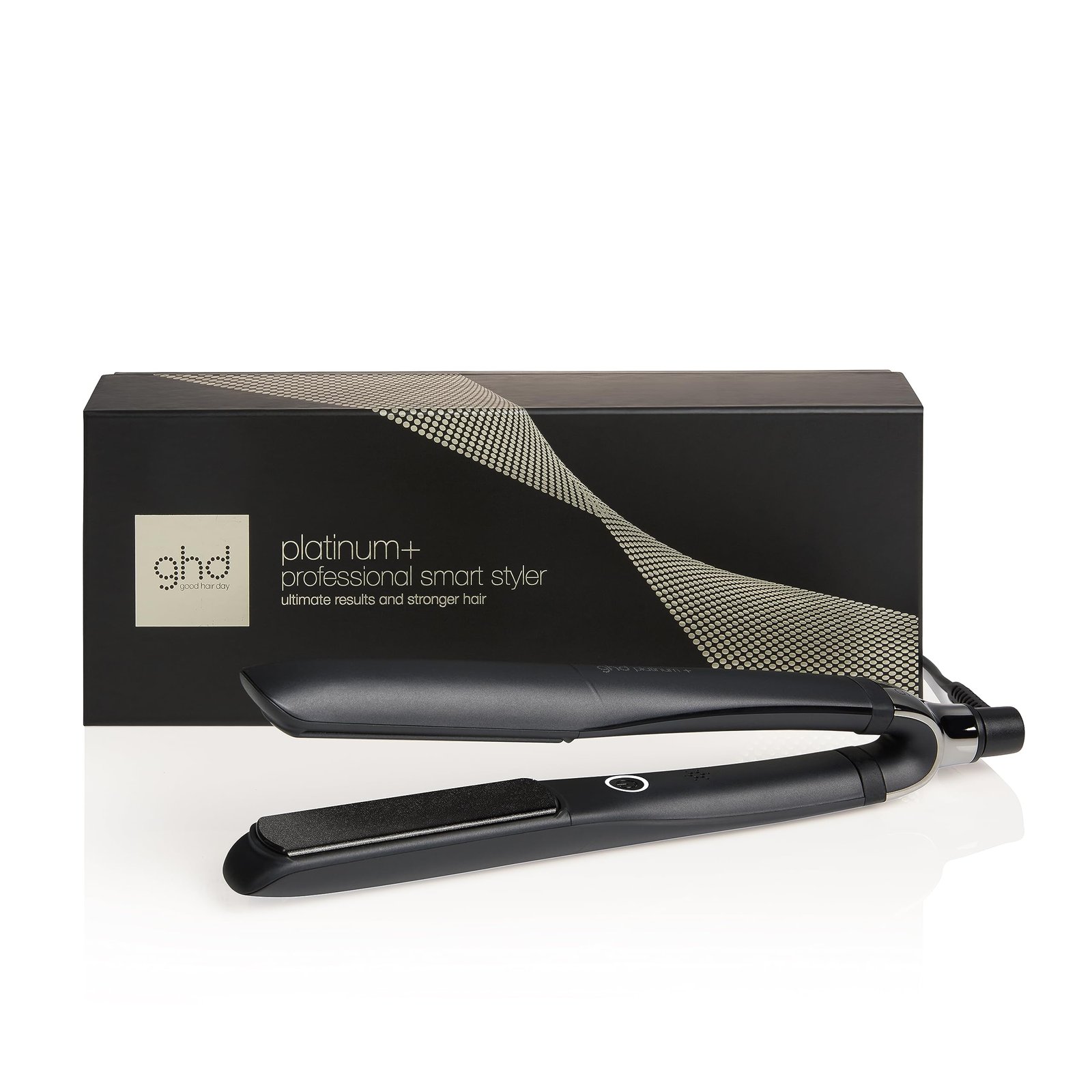 Premium ceramic hair straightener smoothing frizzy, color-treated damaged hair with a glossy finish.
