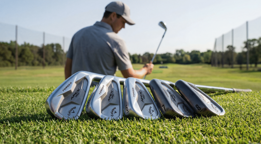 Best irons for 10 handicap arranged on green fairway grass with a mid-handicap golfer preparing an iron shot