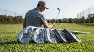 Best irons for 10 handicap arranged on green fairway grass with a mid-handicap golfer preparing an iron shot