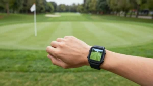 Golf watch worn on a golfer’s wrist during a round on a green golf course