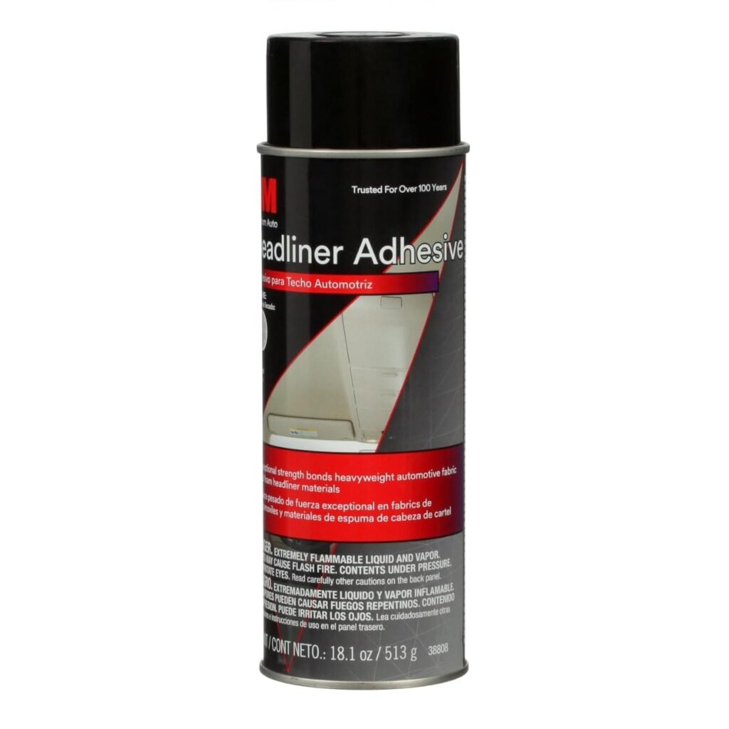 3M headliner and fabric adhesive spray can used on a car roof interior during headliner repair.