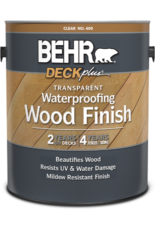 BEHR DECKplus transparent waterproofing wood finish on cedar deck boards, showing a light tint and natural grain.
